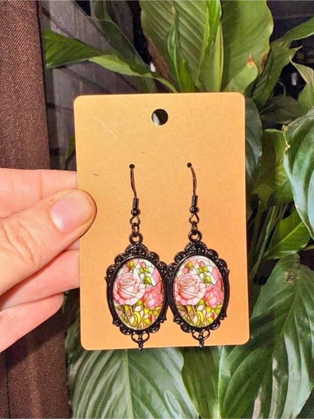Floral Pink & Black Dangle Earrings NWT